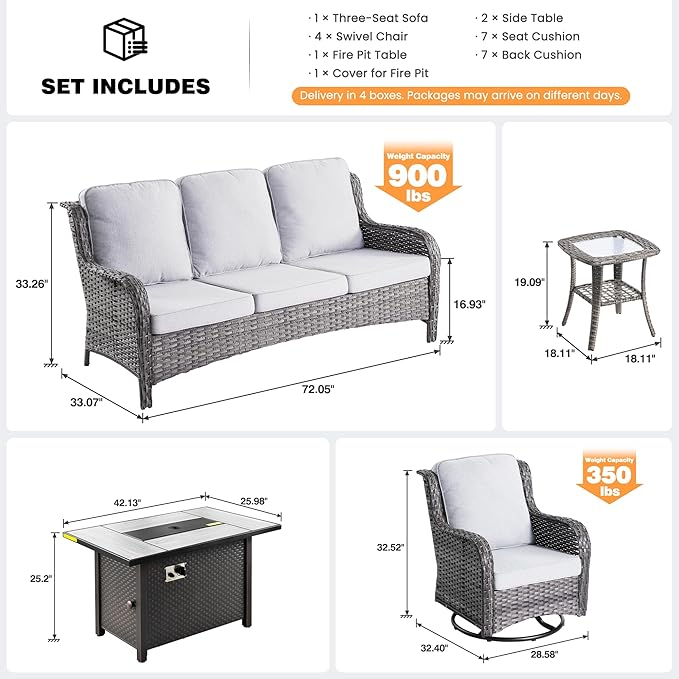 ovios 8 Pieces Patio Furniture Set, Outdoor Wicker Sofa Couch with Swivel Chairs 42" Fire Pit Table, All Weather High Back Modern Conversation Sets, Grey Rattan, Grey