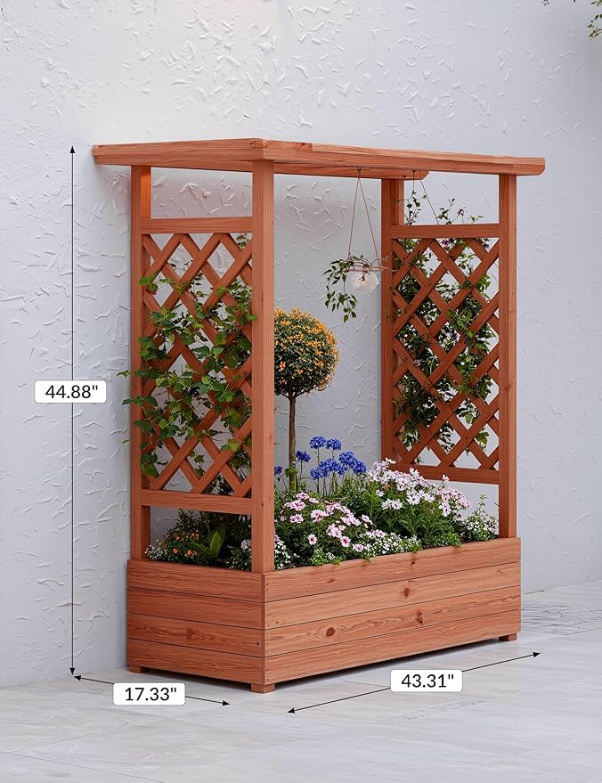 Outdoor Raised Garden Bed with Trellis & Roof - 45" H Planter Box with Side Supports, Canopy, and Drainage Holes – Perfect for Climbing Plants, Vines, and Blossoms