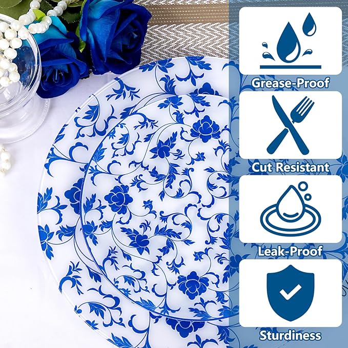 60 PCS Blue Plastic Plates - Blue Floral Plates - Disposable Decorative Plate Sets Include 30 Dinner & 30 Dessert Plate for Wedding Birthday Party Supplies