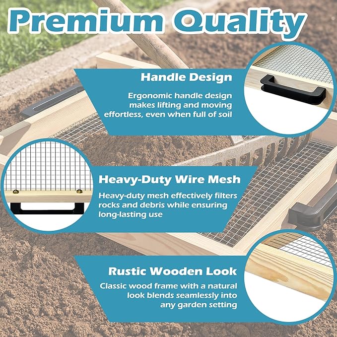 Large Soil Sifter, Rock Sifter Garden Sieve Soil Dirt Leaves for Gardening, 18'' × 34.5'' Compost Sifter Suitable for Wheelbarrow and Handheld