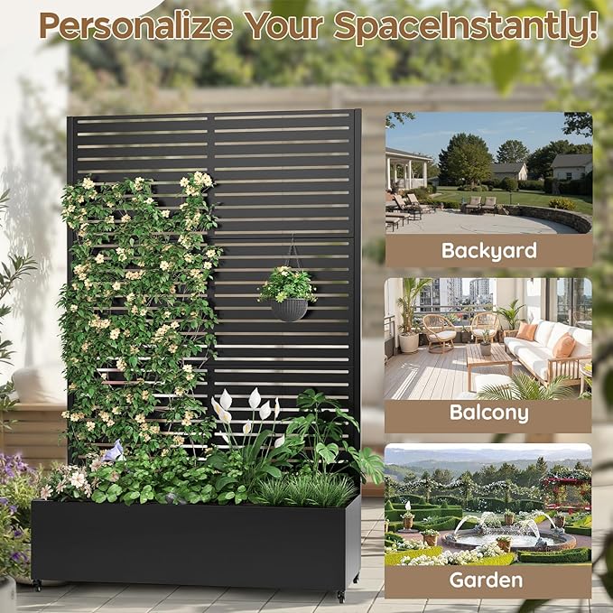 Metal Raised Garden Bed with Trellis & Wheels,70" x 47"x 15.7" Planter Box with Trellis,Privacy Planters for Patio,Garden Bed for Climbing Plants,Suitable for Climbing Plants and Vegetables,Black