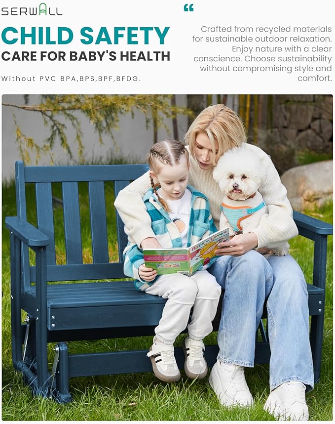 SERWALL Outdoor Glider Bench Set of 2, HDPE Weather-Resistant Swinging Bench for Backyard Garden Porch, Navy Blue