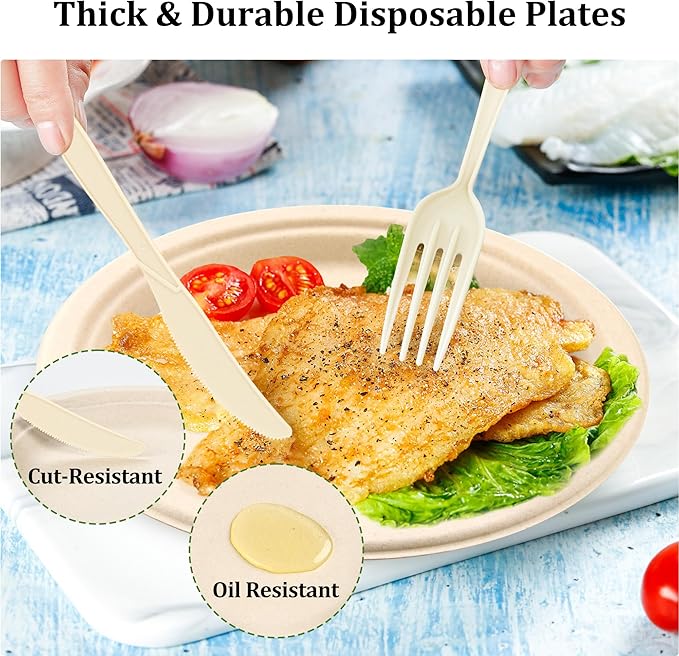 Compostable Paper Plates Set, 250PCS Disposable Heavy-Duty Sugarcane Plate and Eco-Friendly Utensil Biodegradable Dinnerware Plates, Extra Long Forks & Knives & Spoons for Party