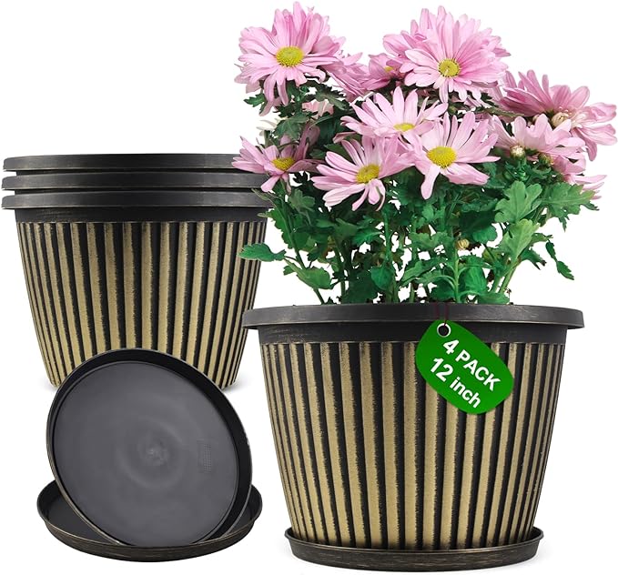 Large-Planter-Indoor-Outdoor Plant Pots, 12 inch 4 Pack Plastic Flower Pots with Saucer and Drainage Holes, Modern Garden Planters for Planting Medium Large Plants， Decorative Resin Garden Pots