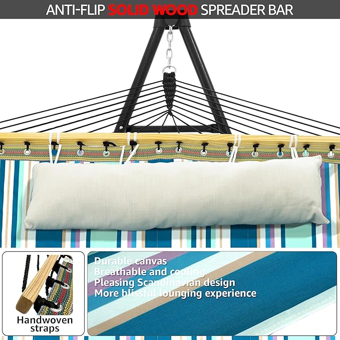 Tranquillo Unity Adjustable Hammock Stand, 800 lbs Capacity Steel Double Hammock Stand for 2 Persons, Premium Pre-Assembled Stand for Indoor Outdoor, Blue Leaf