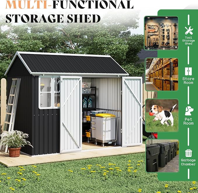 VanAcc 8.6x6x8 FT Outdoor Storage Shed with Lockable Hinged Double Doors and Upgraded Vents, Metal Shed for Backyard, Garden, Patio, Dark Black/White