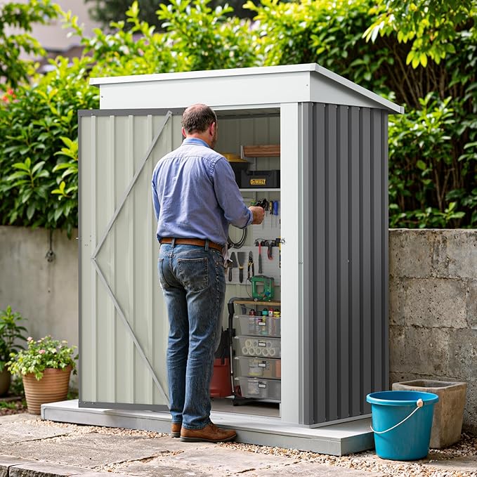 Greesum 5×3 FT Outdoor Storage Shed, Metal Storaged Sheds Without Floor, Tool Sheds with Lockable Doors and Slooping Roof for Garden, Patio, Backyard, Gray