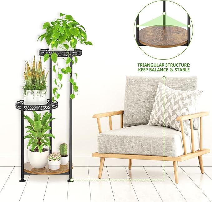 3 Tier Large Plant Stand Indoor Outdoor Clearance, Metal Flower Shelf Pot Holder, 10in Wide Multiple Plants Tall Corner Display Rack for Patio Orchid Office Porch Living Room Garden, Black