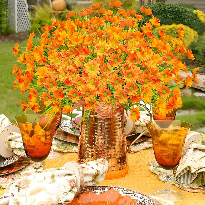 Uieke 24 Bundles Artificial Flowers for Outdoors - UV Resistant Fake Daisy Mums Faux Fall Flowers No Fade for Home Garden Patio Autumn Decor - Orange Yellow