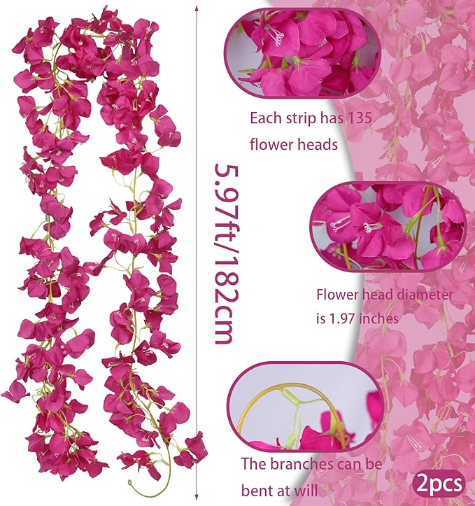 2 Pcs Artificial Bougainvillea Flowers Garland Fake Silk Bougainvilleas Vines Trailing Fuchsia Faux Hanging Flowers Plants Bougainvillea Artificial for Porch Wedding Arch Spring Summer Decor
