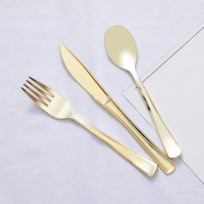 N9R 100PCS Gold Plastic Silverware - Gold Plastic Cutlery Set Disposable Flatware Dinnerware -50 Forks, 25 Spoons, 25 Knives for Party, Birthday, Wedding