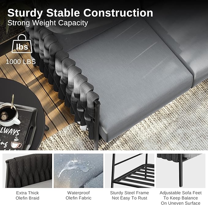 EAST OAK Patio Sofa 3-Seater, Outdoor All-Weather Couch with 6.7" Thick Washable Cushions, Heavy-Duty Steel Frame, Modern Garden/Porch/Backyard Furniture, Grey