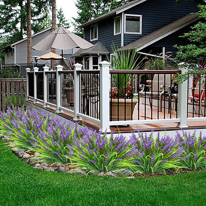 12 Bundles Artificial Plants Outdoor, 18.2" UV Resistant Faux Monkey Grass Greenery Stems No Fade Faux Plastic Flowers Shrubs for Home Weddings Garden Porch Front Patio Office Decor - Purple