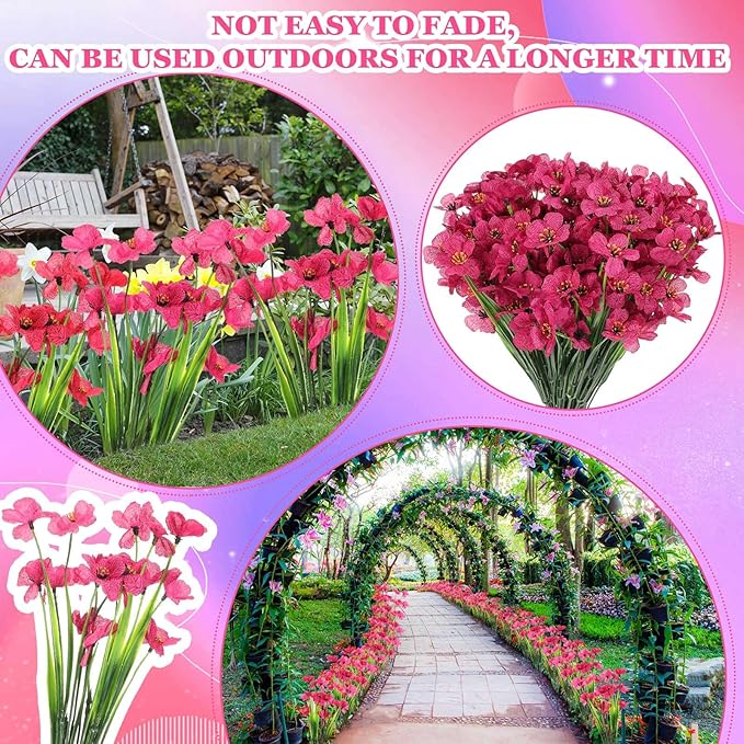 Lyrow 100 Bundles Violet Artificial Flowers, UV Resistant Faux Flowers Outdoor, Faux Silk Flowers, Fake Violet Flowers Bulk for Front Porch Hanging Garden Courtyard Farmhouse Home(Rosy)