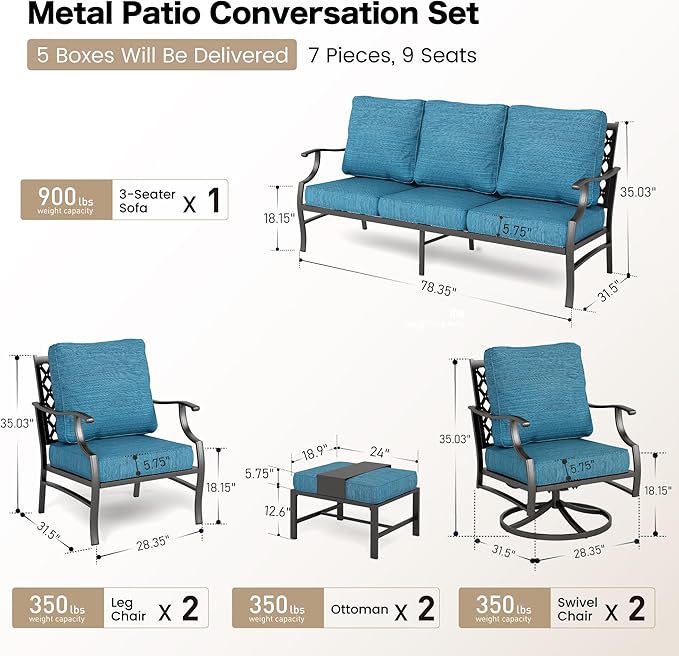 7 Piece Metal Outdoor Patio Furniture Set, Patio Conversation Sets 3-seater Sofa, 2 Fixed Chairs, 2 Swivel Chairs, 2 Ottomans with 5.75" Thick Cushion, Black Backyard Furniture, Blue-2