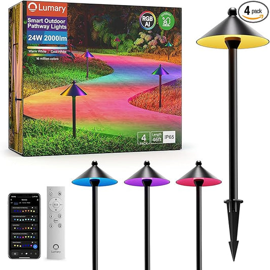 Lumary Smart Low Voltage Pathway Lights, 4 Pack Landscape Path Lights with RGBAI Color Changing, IP65 Waterproof Outdoor Lighting for Yard Driveway, App/Voice/Remote Control, Black