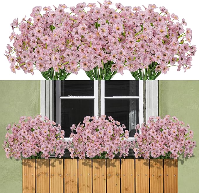 15 Bundles Artificial Flowers Outdoor UV Resistant Fake Silk Plants Plastic Faux Shrubs Outside Front Porch Window Box Garden Home Hanging Planter Decoration (Pink)