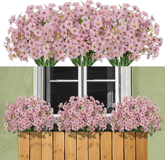 15 Bundles Artificial Flowers Outdoor UV Resistant Fake Silk Plants Plastic Faux Shrubs Outside Front Porch Window Box Garden Home Hanging Planter Decoration (Pink)