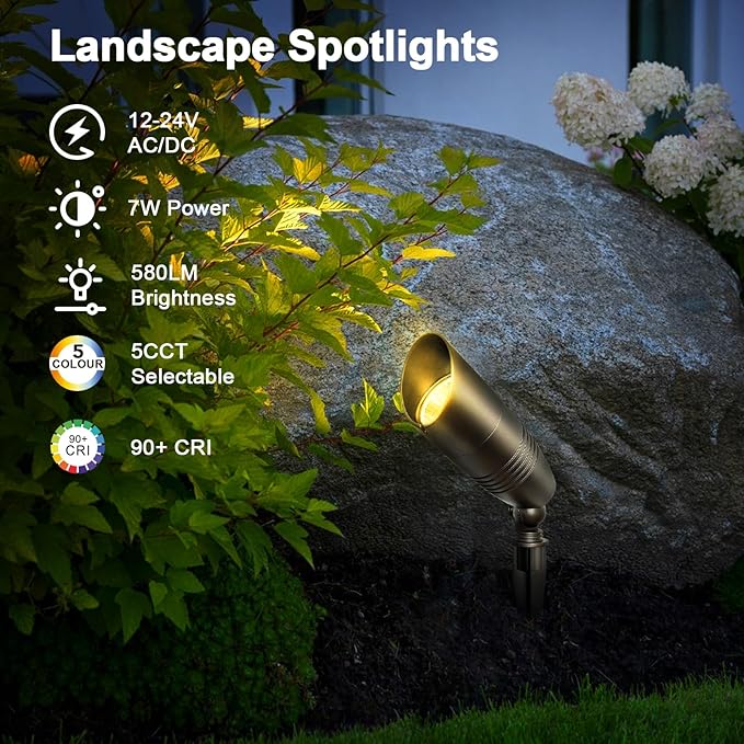 12-Pack Landscape Spot Lights Outdoor, 2700K-5000K Adjustable, 7W 580LM, IP65 Waterproof, CRI 90+, 12V Low Voltage Landscape Lighting for Garden, Yard, Bronze, ETL Listed