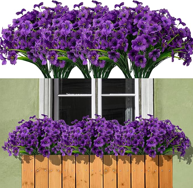 15 Bundles Artificial Flowers Outdoor UV Resistant Fake Silk Plants Plastic Faux Shrubs Outside Front Porch Window Box Garden Home Hanging Planter Decoration (Purple)