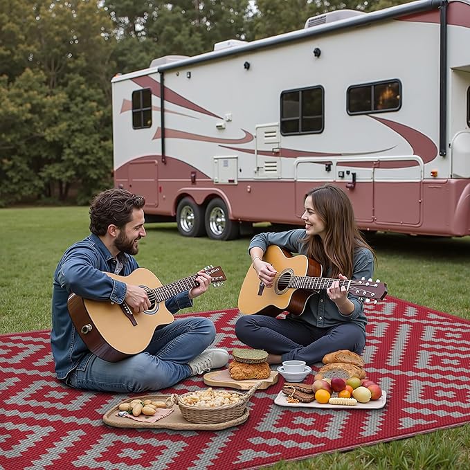 GENIMO Outdoor Rug for Patio Clearance, 6'x9' Reversible Plastic Straw Rugs, Lightweight Waterproof RV Camping Mat for Camper, Balcony, Deck, Backyard, Picnic, Red Grey