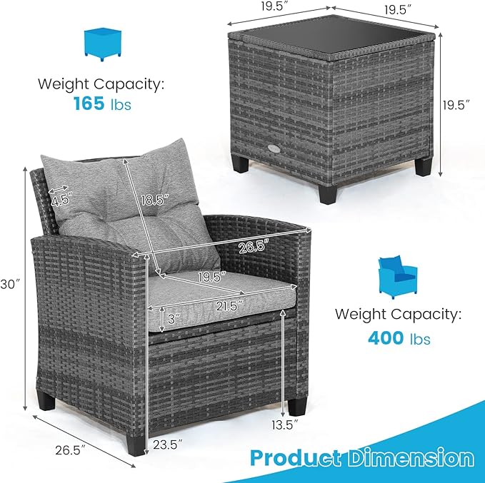 HAPPYGRILL 3 Pieces Patio Conversation Set, Outdoor Furniture Set PE Rattan Sofa Set with Removable Cushions, PE Wicker Chairs with Tempered Glass Side Table for Porch Lawn Garden Balcony Backyard