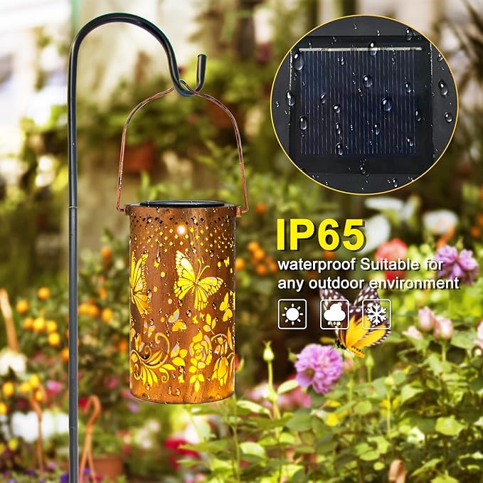 4 Pack Butterfly Birthday Gifts for Women Mom Grandma Solar Lanterns Outdoor Waterproof Garden Decor Metal Hanging LED Decorative Light for Patio Yard Lawn Backyard Front Porch Gardening Gifts