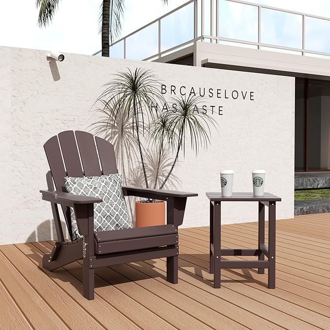 WO Home Furniture Adirondack Chair Table Set of 2 PCS Outdoor Folding Chair w Side Table Weather/UV Resistant for Lawn, Garden, Bon Fire, Balcony (Dark Brown)