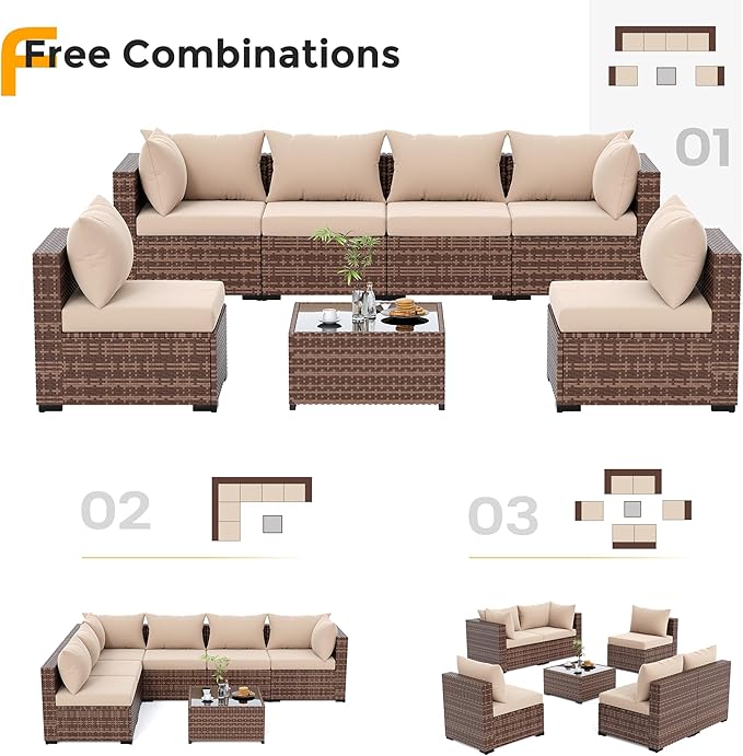 UDPATIO Patio Furniture Set, 7 Piece Outdoor Sectional Sofas with Wicker Coffee Table, Outdoor Patio Conversation Set for Garden, Backyard Khaki