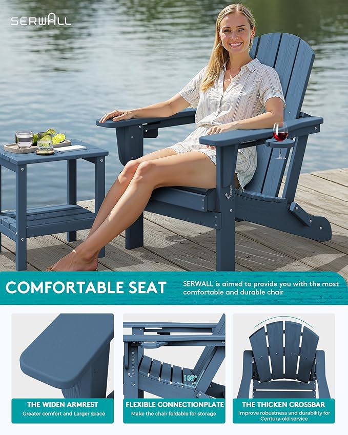 SERWALL Folding Adirondack Chair, Dual Cup Holders & All-Weather HDPE, Wood-Like Patio Chair for Backyard, Camping，Pool & Fire Pit- Navy