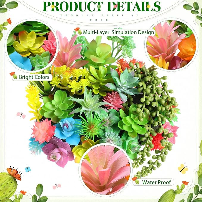 WILLBOND 50 Pcs 50 Pcs Bulk Mini Artificial Succulents Plants Assorted Unpotted Realistic Plants Fake Textured Succulent Picks Realistic Plastic Cactus Stems for Garden Home Decor (Lovely Style)