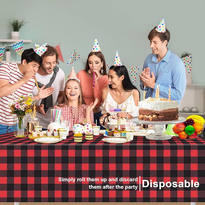 3 Pack Red and Black Checkered Tablecloth, Red Plastic Table Cloths for Parties Disposable, 54 x 108 inch Waterproof Red and Black Gingham Camping Tablecloth for Birthday, Party, Christmas