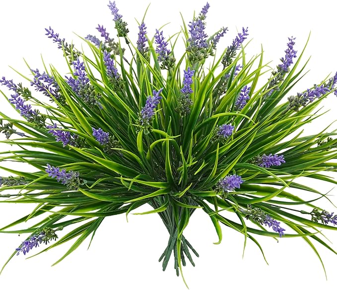 12 Bundles Artificial Plants Outdoor, 18.2" UV Resistant Faux Monkey Grass Greenery Stems No Fade Faux Plastic Flowers Shrubs for Home Weddings Garden Porch Front Patio Office Decor - Purple