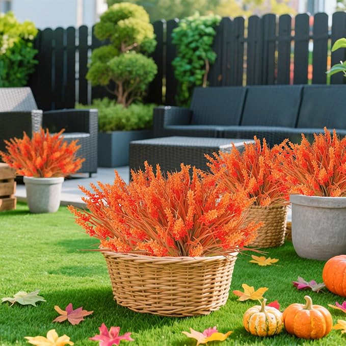 36 Bundles Artificial Fall Flowers Outdoors Fake Fall Lavender Flowers UV Resistant No Fade Plastic Faux Fall Plants for Indoor Home Porch Autumn Thanksgiving Fall Decorations (Orange)