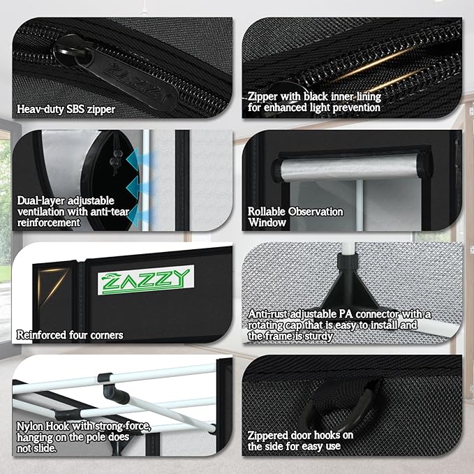 zazzy Grow Tent, 96“x48 x78 Plant Growing Tents 600D Mylar Hydroponic Indoor Grow Tent with Window, Kit Bag & Floor Tray 8x4 Growing Tent