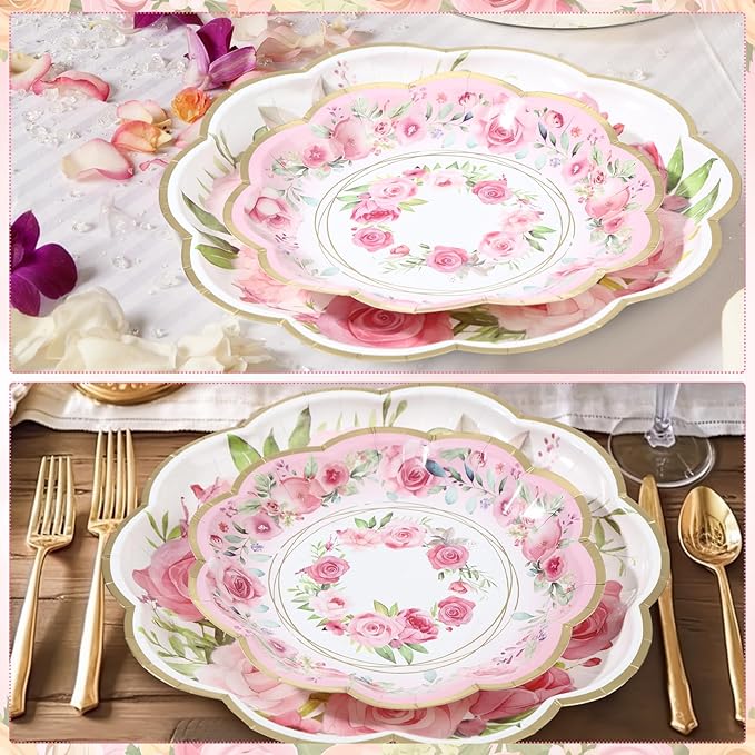 Tanlade 96 Pcs Pink Floral Plates and Napkins Serve 24, Disposable flower Paper Scalloped Dinner Plates 2 Ply Paper Napkins for Wedding Birthday Decorations Party Supplies