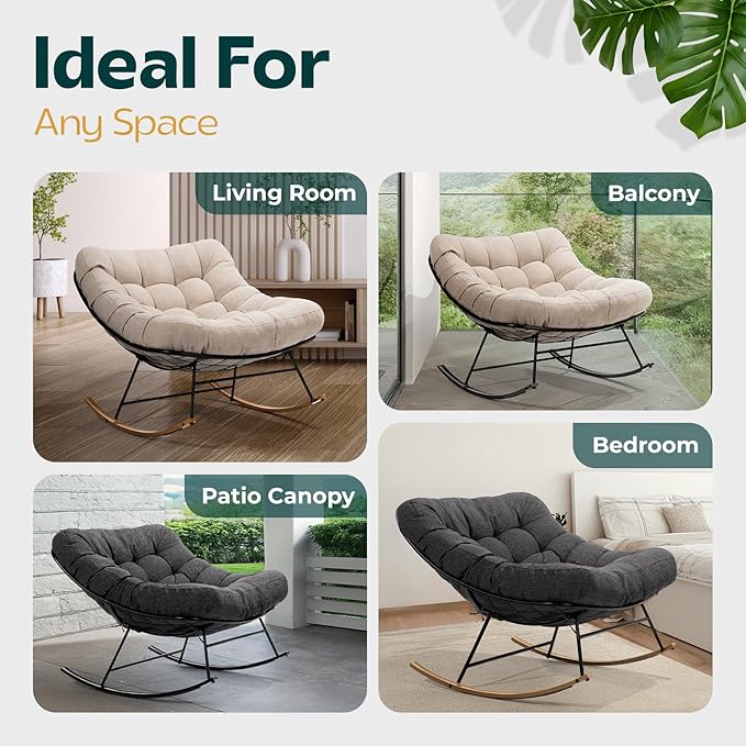 Bme Patio Rocking Chair Outdoor & Indoor, Metal Patio Lounge Rocking Chair with Thick Cushion, Comfy Modern Rocker Chair for Living Room, Porch, Backyard, Grey Cushion - Wood Texture Rocker