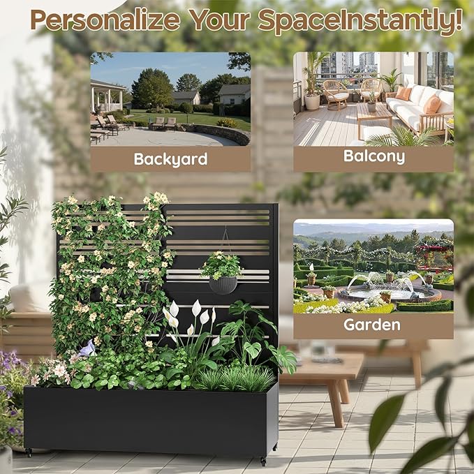 Metal Raised Garden Bed with Trellis & Wheels,47" x 47"x 15.7" Planter Box with Trellis,Privacy Planters for Patio,Garden Bed for Climbing Plants,Suitable for Climbing Plants and Vegetables,Black