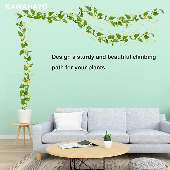20 Pcs Plant Trellis for Climbing Plants, Chain Trellis, Garden Plant Wall Trellis, Vine Support Houseplant Accessories for Monstera, Pothos, Ivy, Climbing Plants Indoor Outdoor (Gold Moon and Star)