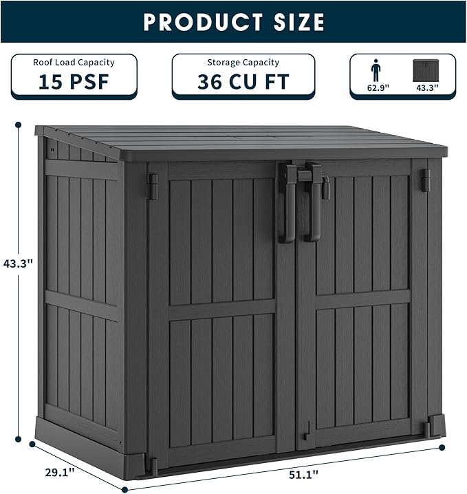 LHBcraft Outdoor Storage Cabinet 36 Cu Ft with Lockable Doors, Portable Horizontal Resin Storage Shed -Easy to Assemble, Waterproof Outdoor Storage Box for Backyards,Patios Black