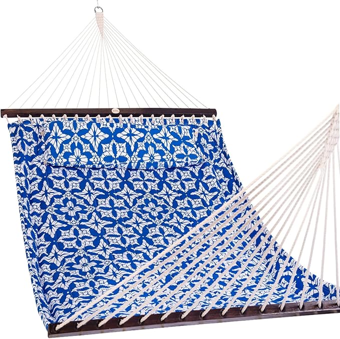 Lazy Daze Quilted Fabric Hammock with Spreader Bar, 2 Person Double Hammock for Outside Patio Poolside Backyard Beach, 450lbs Capacity, QF48