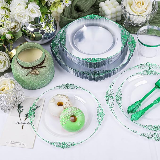 Hioasis 175pcs Clear Green Plastic Plates - Elegant Disposable Dinnerware Set Suitable for 25 Guests Include 10.25" Dinner & 7.5" Dessert Plates, Pre Rolled Silverware Set, Cups for Party & Wedding