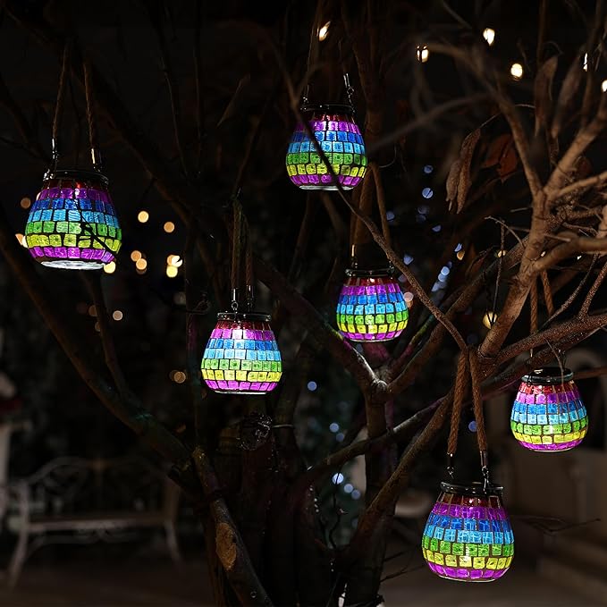 Cooo 4 Pack Mosaic Solar Lantern Outdoor Waterproof IP68 Hanging Projection Light Hidden Lid Pear-Shaped Lantern with Rope Handle Solar Powered Auto On for Patio Garden Fence Table - Neon Mosaic