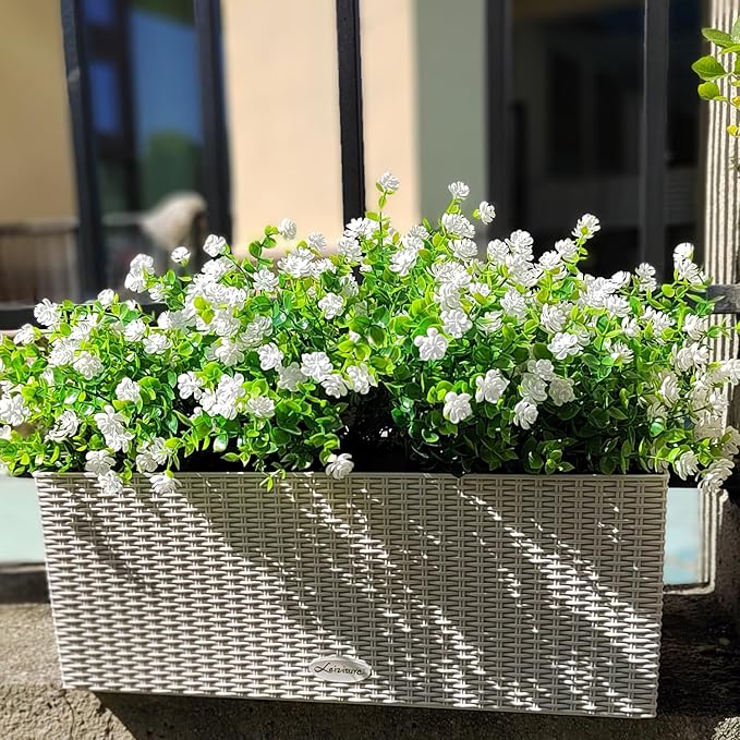 12 Bundles Artificial Flowers for Outdoors, UV Resistant Fake Flowers with Plastic Plants, Faux Flowers for Outside Window Box Front Porch Hanging Planter Decor (White)