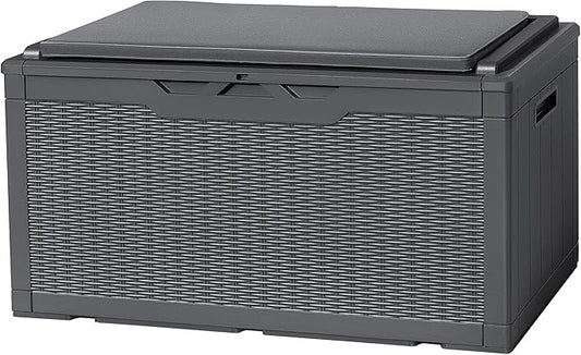 Flamaker Deck Box with Cushion 100 Gallon Waterproof Resin Storage Box with Air Rod Indoor Outdoor Lockable Storage Bench for Patio Furniture, Tools, Pool Accessories (Gray)