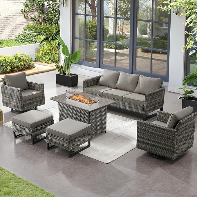 Patio Furniture Set with Fire Pit Table-6 Pieces All Weather Outdoor Swivel Chairs Set of 2 with Patio Sofa and Ottomans, Patio Conversation Sets for Porch Deck Garden Backyard(Grey/Grey)