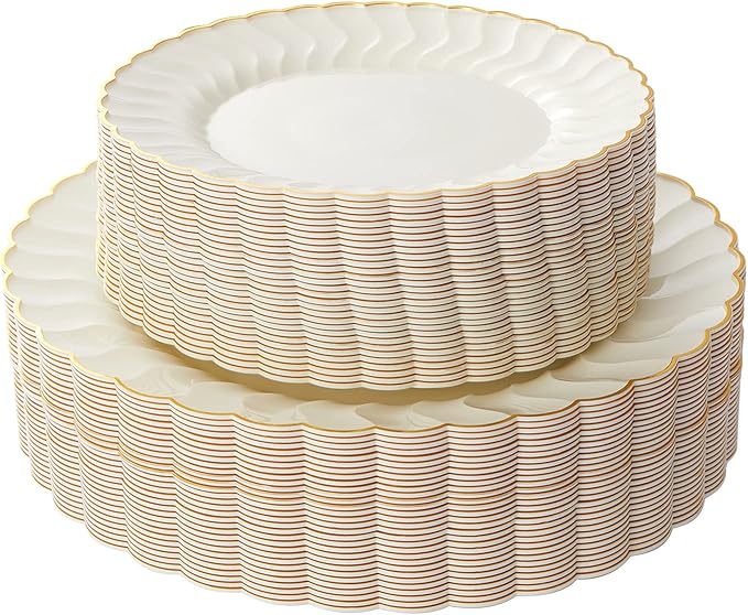 Lullaby 60PCS Ivory Scalloped Plastic Plates with Gold Rim, Disposable Elegant Plates Include 30pcs Dinner Plate 10.25", 30pcs Plastic Dessert Plate 7.5", Perfect for Wedding and Party