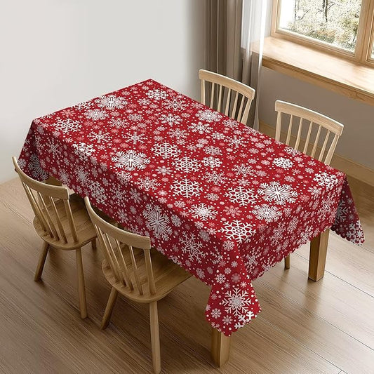 Christmas Snowflake Tablecloth for Dining Tables, Reusable Red White Snowflakes Table Cloths Tabletop Decoration Winter Holiday Xmas Rectangle Table Cover for Home,Kitchen,Party,54x72 Inch