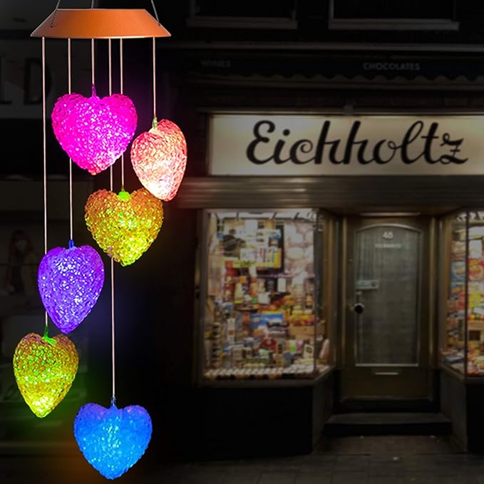 Loving Heart Solar Wind Chimes Outdoor Hanging - Waterproof Solar Powered LED Changing Lights Color Mobile Romantic Wind-Bell 6 Heart-Shaped Wind Chimes Gifts for Home, Party, Night Garden Decoration