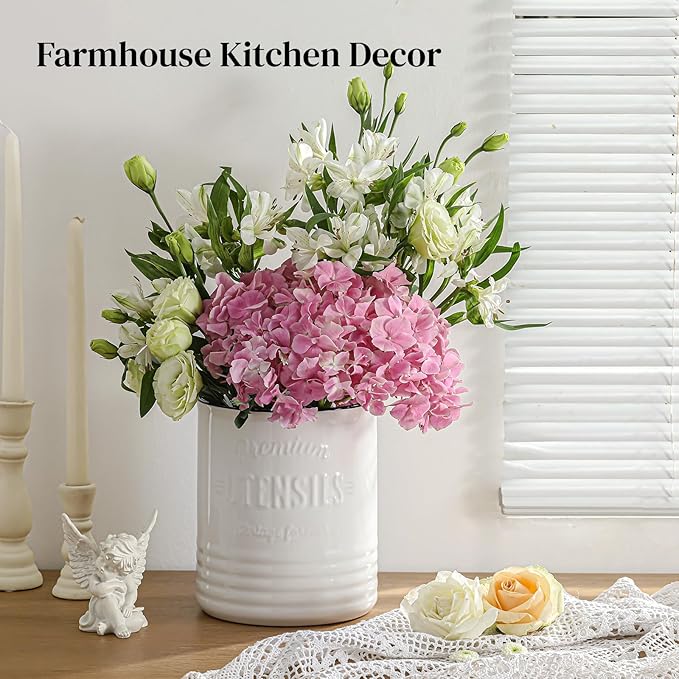 DOWAN 3 Compartment Kitchen Utensil Holder, 7.2″ Extra-Large Ceramic Stable Utensil Caddy, Rustic Cooking Utensil Crock for Farmhouse Kitchen Décor, Utensil Holder for Countertop